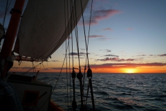 Nofy Be - traditional gaffed rig schooner - shrouds and sunset